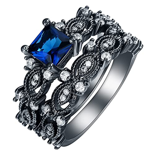 BCughia Cubic Zirconia Ring, Ausgefallene Ringe Schwarz Blau Quadratschliff Double Layer Träne Valentinstag Eheringe Geschenk für Damen Größe 52 (16.6) von BCughia