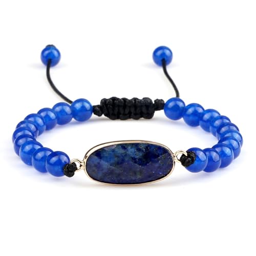 BCughia Damen Armband Perlen, 6MM Dunkelblau Lapis Lazuli Armband mit Oval Charme, Verstellbar Armband 17-28CM BCughia Damen Armband Perlen, 6MM Dunkelblau Lapis Lazuli Armband mit Oval Charme, Verstellbar Armband 17-28CM von BCughia