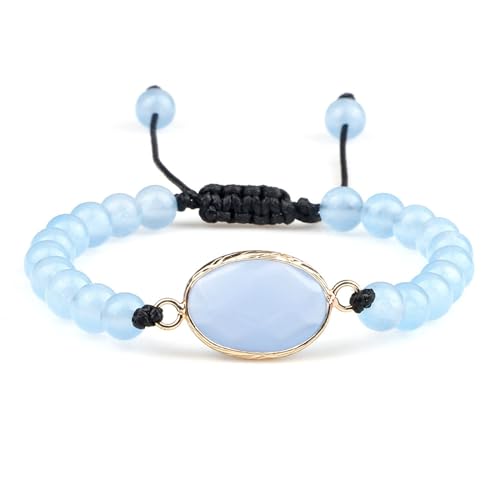 BCughia Damen Armband mit Perlen, 6MM Blau Stein Armband mit Oval Charme, Verstellbar Armband 17-28CM von BCughia