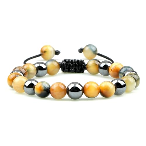 BCughia Damen Armband mit Stein, 8MM Hämatit Gelb Tigerauge Armband, Armband Herren Verstellbar 17-30CM von BCughia
