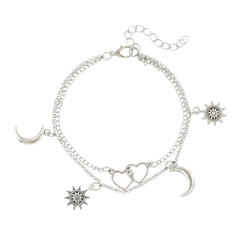 BCughia Damen Fußkette Strand, Damen Fußkettchen Legierung Doppellagige Kette mit Herz Sun und Mond Fußkette 21+7cm von BCughia