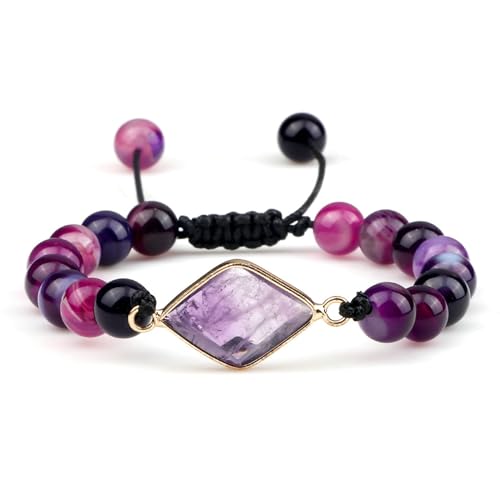 BCughia Damen Perlen Armband, 8MM Lila Achat Armband mit Rhombus Charme, Armband Herren Verstellbar 17-28CM BCughia Damen Perlen Armband, 8MM Lila Achat Armband mit Rhombus Charme, Armband Herren Verstellbar 17-28CM von BCughia