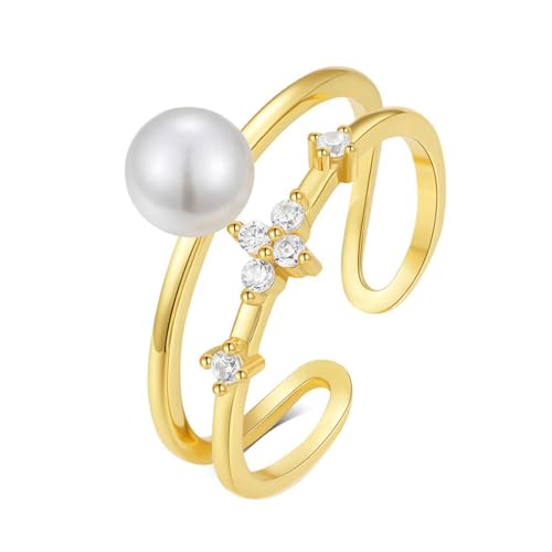 BCughia Damen Ringe Echt Gold, Gelbgold Eheringe 585 Rund Perle Hohl Öffnen Ring Verlobungsring für Frauen Gr 47 von BCughia