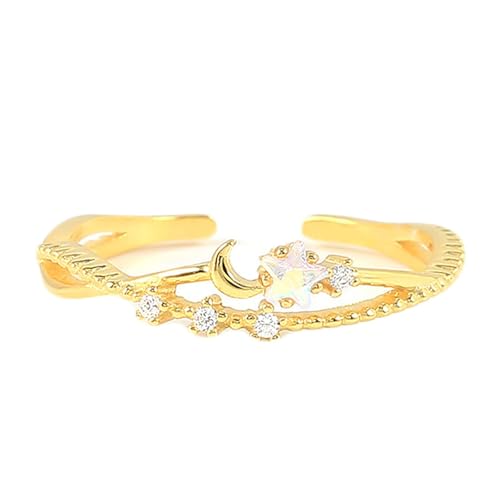 BCughia Damen Ringe Gelbgold 585, Damen Ringe Echt Gold Stern Mond mit Moissanit Öffnen Ring Verlobungsringe Frauen Größe 49 von BCughia