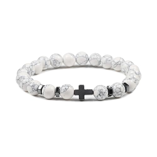 BCughia Damen Yoga Armband, 8MM Weiß Türkis Armband mit Kreuz, Armband Elastisch Herren 18CM von BCughia