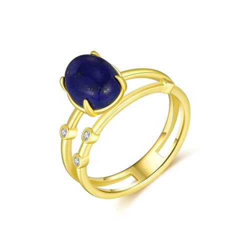 BCughia Ehering Damen Einzeln Gelbgold, Damen Ringe 375 Echtgold Oval Form Lapis Lazuli Ring Freundschaft Gr 53 von BCughia