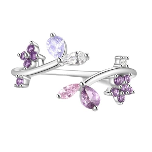 BCughia Ehering Weißgold Damen, Gold 9 Karat Ring Blume mit Amethyst und Kristall Einstellbar Ring Größe 54 von BCughia