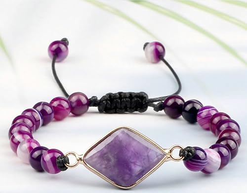 BCughia Frauen Armband Perlen, 6MM Lila Achat Armband mit Rhombus Charme, Verstellbar Armband Herren 17-28CM BCughia Frauen Armband Perlen, 6MM Lila Achat Armband mit Rhombus Charme, Verstellbar Armband Herren 17-28CM von BCughia