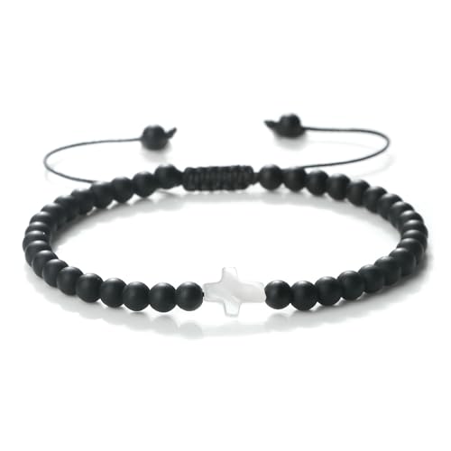 BCughia Frauen Perlen Armband, 4MM Matt Stein mit Kreuz, Armband Männer Verstellbar 17-28CM von BCughia