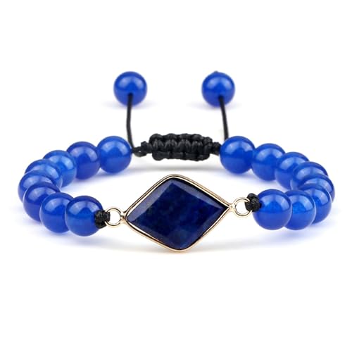 BCughia Frauen Perlen Armband, 8MM Dunkelblau Lapis Lazuli Armband mit Rhombus Charme, Verstellbar Armband Herren 17-28CM von BCughia
