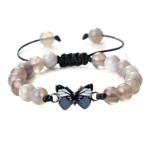 BCughia Frauen Perlen Armband, 8MM Grau Achat Armband mit Schmetterling, Verstellbar Armband Herren 17-28CM von BCughia