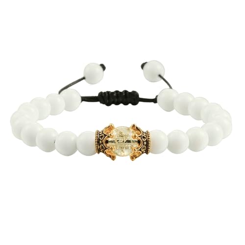 BCughia Frauen Perlen Armband, 8MM Weiß Stein Armband mit Krone, Armband Herren Verstellbarer 19-35CM von BCughia