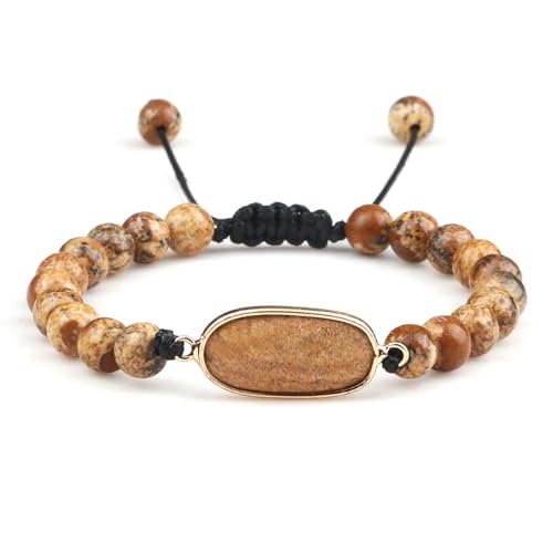 BCughia Freundschaft Armband Perlen, 6MM Braun Stein Armband mit Oval Charme, Armband Herren Verstellbarer 17-28CM von BCughia