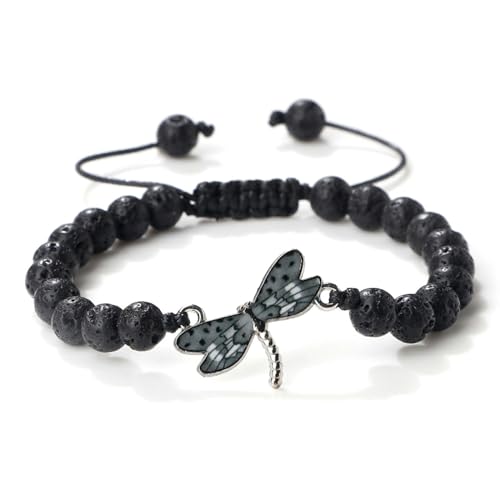 BCughia Freundschaft Armband Perlen, 8MM Lavastein Armband mit Grau Libelle, Verstellbare Armband 17-28CM von BCughia