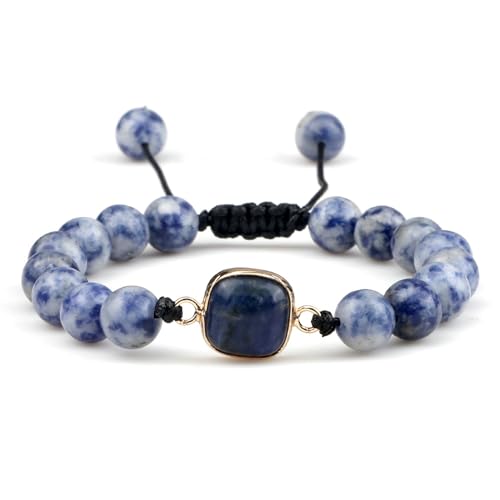 BCughia Freundschaft Armband Perlen, 8MM Weiß Blau Stein Armband mit Quadrat Charme, Verstellbar Armband Damen 17-28CM BCughia Freundschaft Armband Perlen, 8MM Weiß Blau Stein Armband mit Quadrat Charme, Verstellbar Armband Damen 17-28CM von BCughia
