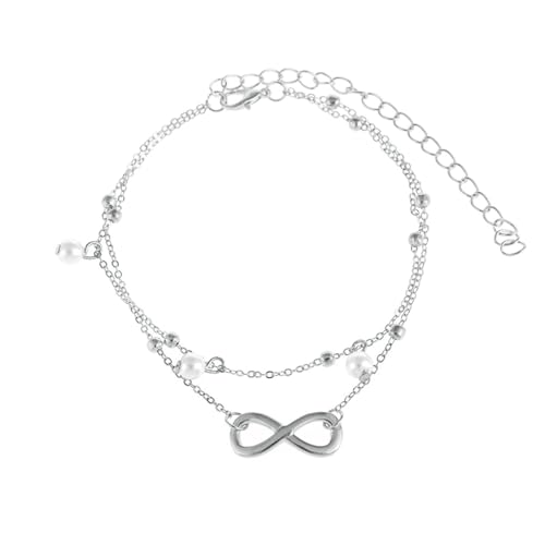 BCughia Fußkettchen Freundschaft Silber, Fußkette Legierung Doppelschicht Unendlichkeit mit Perlen Fussketten für Damen 22.5+10cm von BCughia