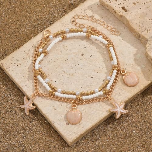 BCughia Fußkette Damen Kette, Damen Fußkettchen Legierung 3 Schicht Kette mit Muschel und Seestern Charme Fußkette 21+7cm von BCughia