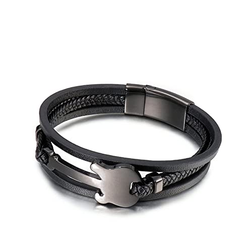 BCughia Herren Armbänder Metall, Armband Kette Leder Schwarz Edelstahl Seil Geflochtene Gitarre Mehrschichtig Freundschaft Schmuck Geschenk 20.9cmx18mm von BCughia