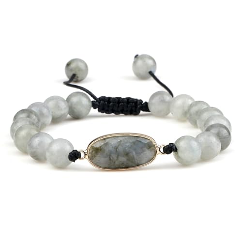 BCughia Herren Armband Perlen, 8MM Hellgrau Stein Armband mit Oval Charme, Verstellbare Armband 17-28CM BCughia Herren Armband Perlen, 8MM Hellgrau Stein Armband mit Oval Charme, Verstellbare Armband 17-28CM von BCughia