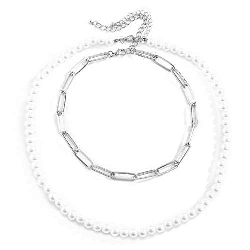 BCughia Kette Lang, Damen Ketten Silber Metalllegierung Perle Durchbrochenes Perlen Kreuzketten Design Jubiläum Freundin von BCughia