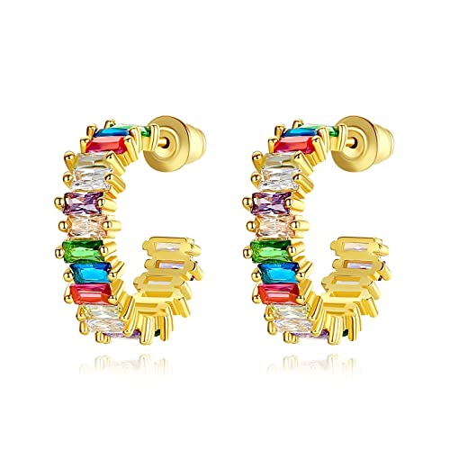 Ohrringe Gold Creolen Bunt, Zirkonia Ohrringe Baguetteschliff Vergoldet mit 18 Karat Muttertagsgeschenk Ohrringe Frauen 5x16mm von BCughia