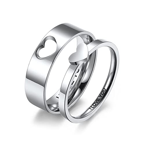 BCughia Paar Ringe Verlobung, Ringe Set Silber Herren Edelstahl Ring Schmuck Passender Herzring Ich Liebe Dich Damengröße 52(16.6), Herrengröße 65(20.7) von BCughia