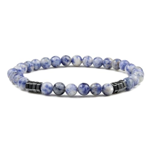 BCughia Perlen Armband, 6MM Blau Weiß Stein Armband mit Hämatit, Elastische Armband von BCughia