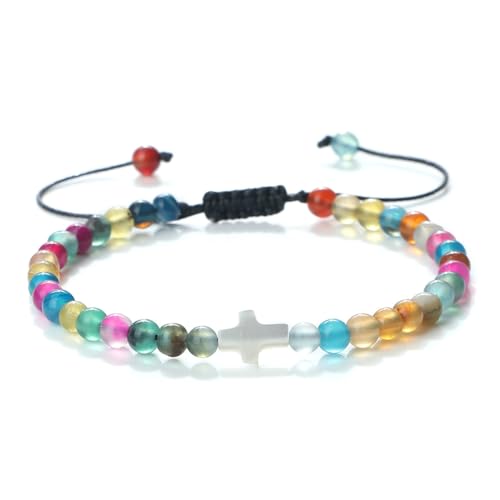 BCughia Perlen Armband Damen, 4MM Bunt Achat mit Kreuz, Armband Verstellbar Herren 17-28CM von BCughia