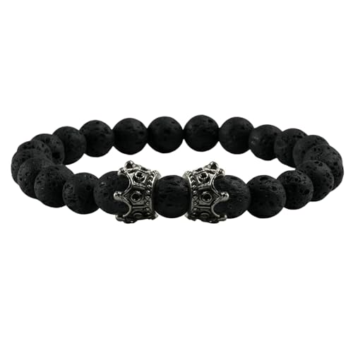 BCughia Perlen Armband Pärchen, 8MM Lavastein Armband mit Krone, Männer Armband Elastisch von BCughia