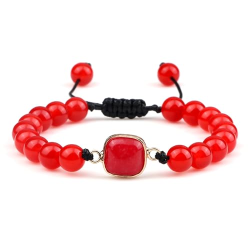 BCughia Perlen Armband Pärchen, 8MM Rot Stein Armband mit Quadrat Charme, Armband Herren Verstellbarer 17-28CM von BCughia