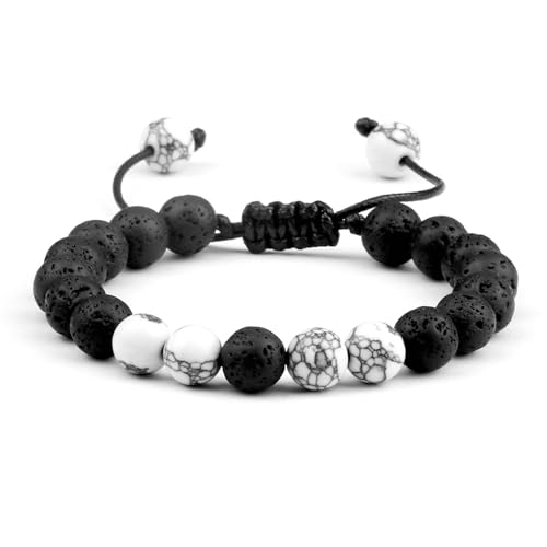 BCughia Perlenarmband Frauen, 8MM Lavastein Türkis Armband, Herren Armband Verstellbar 17-30CM von BCughia