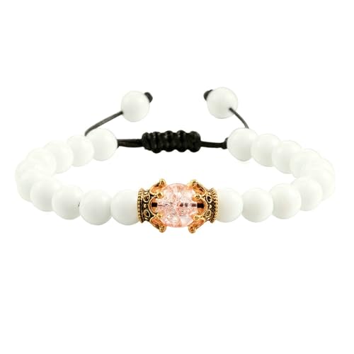 BCughia Perlenarmband Frauen, 8MM Weiß Stein Armband mit Krone, Armband Verstellbar Herren 19-35CM von BCughia