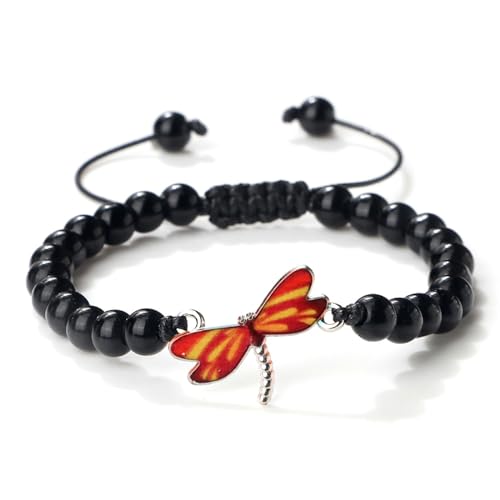 BCughia Perlenarmband Freundschaft, 8MM Poliert Stein Armband mit Orange Libelle, Armband Herren Verstellbarer 17-28CM von BCughia