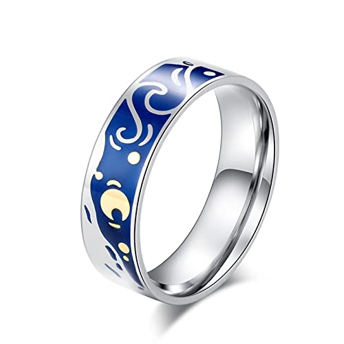 BCughia Ring Schmuck Vintage, Edelstahl Ring Ehe Blau Rostfreier Stahl Ölgemälde Sternenhimmel Design Engagement Ringe Herren Größe 52(16.6) von BCughia