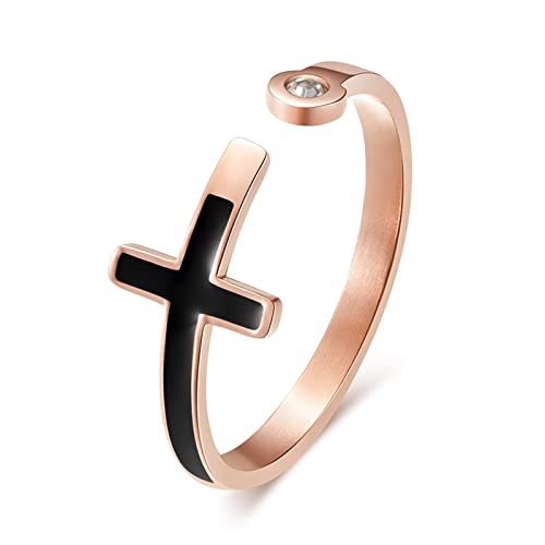 BCughia Ring Zirkonia, Partnerring Rosegold Edelstahl Weiß Rundschliff Cubic Zirconia Kreuz Goth Ringe Valentinstag für Sie und Ihn Größe 54(17.2) von BCughia