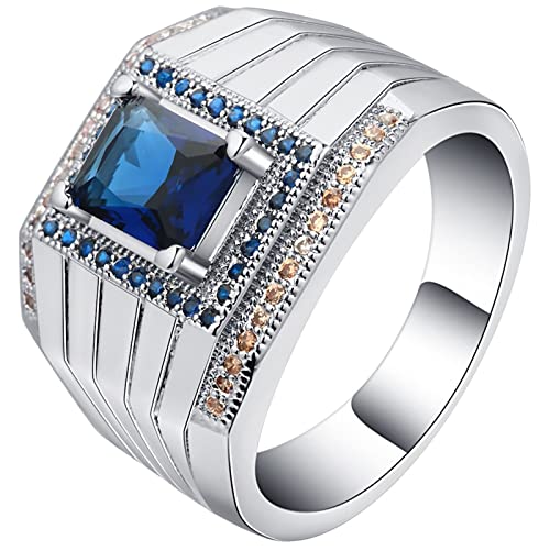 BCughia Ring Zirkonia, Ring Hochzeit Silber Kupfer Blau Rechteckschliff 4 Zinken Blau Vorschlag Ringe Geschenk für Herren Größe 57 (18.1) von BCughia