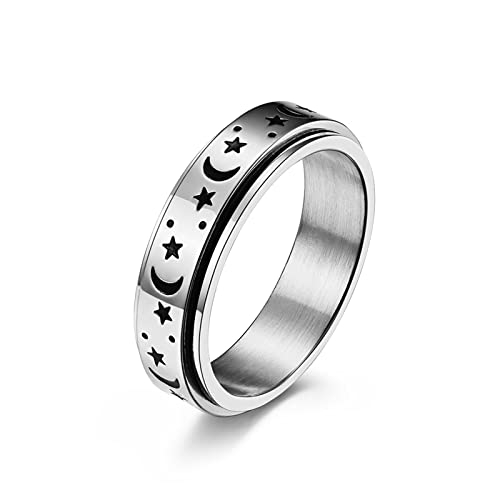 BCughia Silberne Ringe Dünn, Spinner Ring Edelstahl Stern Mond Anxiety Ringe Verlobung Versprechen Geschenke für Frauen Größe 49(15.6) von BCughia