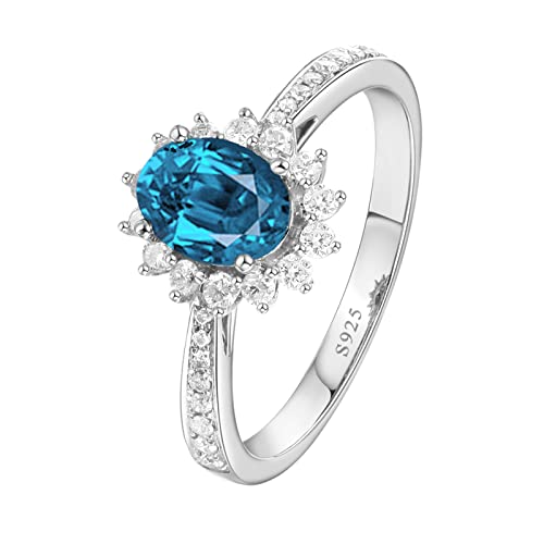 BCughia Silberring Verlobungsring, Sterling Silber Ringe Blume Oval Form Meer Blau Zirkonia Ring Größe 48 (15.3) von BCughia