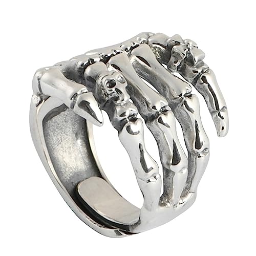 BCughia Vintage Ringe, 925 Silber Ringe Silber Ring Größenverstellbar Schädel und Knochen Versprechen Ring Geschenke für Herren Größe Einstellbar von BCughia