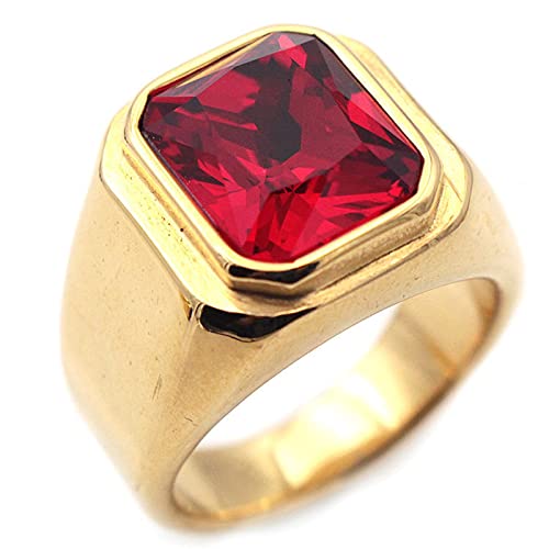 BCughia Vintage Ringe Punk, Herr Ring Rot Titan Stahl Rot Smaragdschliff Zirkonia Goldring mit Rotem Zirkonia Engagement Ring Geschenke Größe 57 (18.1) von BCughia