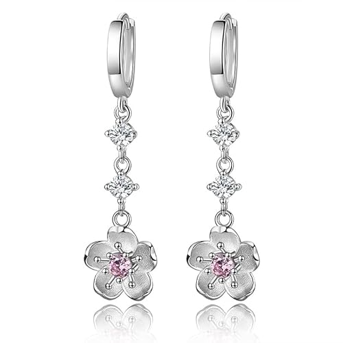 Modeschmuck Ohrringe Hängend, Schmuck Ohrringe Silber Weiß Vergoldet Rosa Rundschliff Zirkonia Kirschblüten Ohrhänger Versprechen Geschenk 48X13Mm von BCughia