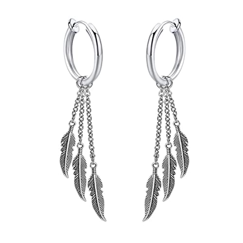 Ohrringe aus Silber, Earrings Edelstahl Kette Quaste und Feder Ohringe 72mm Hochzeit Geschenk für Herren und Damen von BCughia