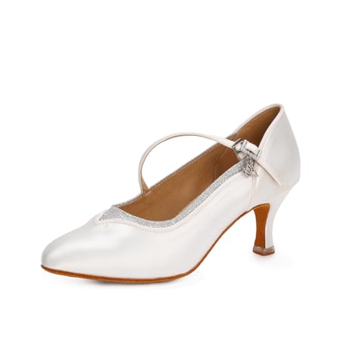 BD Performance Ballsaal Latein-Tanzschuhe für Damen, Satin, Mary Jane, Hochzeit, Absätze, professionell, modern, Tanzpumps #1331, Weiss/opulenter Garten, 41.5 EU von BD Dance