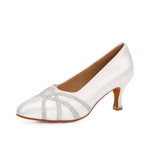 Professionelle Latein Ballsaal Moderne Schuhe Damen Elegant Weiß Satin Hochzeit Pumps Kristall Strass Braut Tanzschuhe #198, Weiss/opulenter Garten, 39 EU von BD Dance