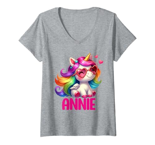 Damen Annie Unicorn Name Personalisiertes Design T-Shirt mit V-Ausschnitt von BDAZ