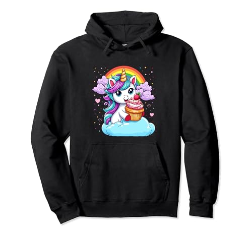 Einhorn mit Cupcake Regenbogen Wolke niedlich Damen Mädchen Pullover Hoodie von BDAZ