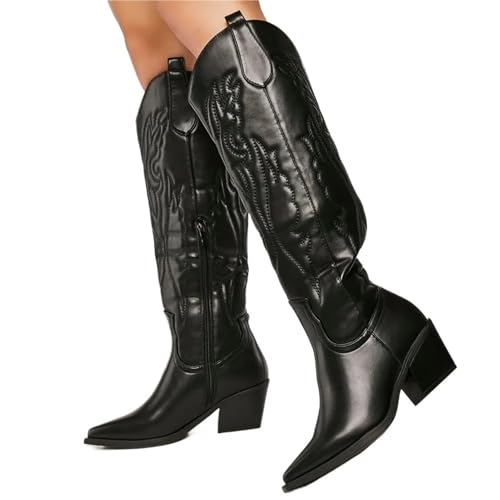 BDFJEDS Große Größe 43 Vintage Kniehohe Cowgirls Schwarze Westernstiefel Schuhe Reißverschluss Weiße Cowboystiefel Damen(Black with zipper,37) von BDFJEDS