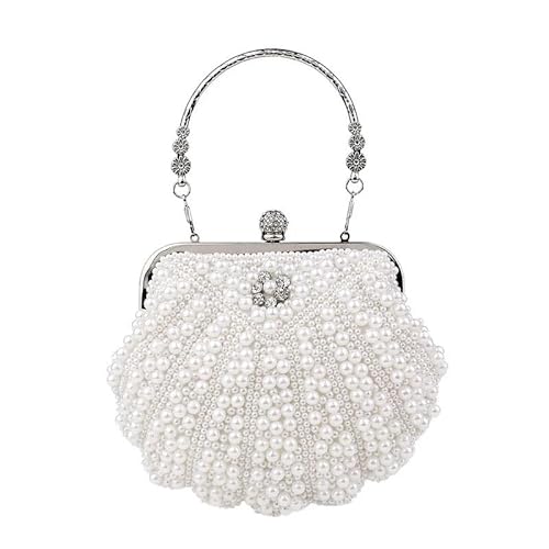 BDFJEDS Muschel-Perlen-Abendtaschen, Perlen-Clutch-Taschen aus Metall mit Kette, Prom-Hochzeit, Braut-Handtaschen, Geldbörse(YM3101white) von BDFJEDS
