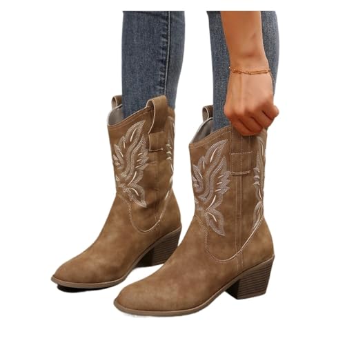 Damenstiefel Mode Klassischer Spitzschuh Absatz Stiefeletten Damen Lässig Einfache Bequeme Cowboyschuhe(Brown,38) von BDFJEDS