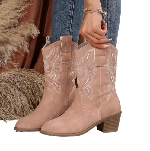 Damenstiefel Mode Klassischer Spitzschuh Absatz Stiefeletten Damen Lässig Einfache Bequeme Cowboyschuhe(Pink,38) von BDFJEDS
